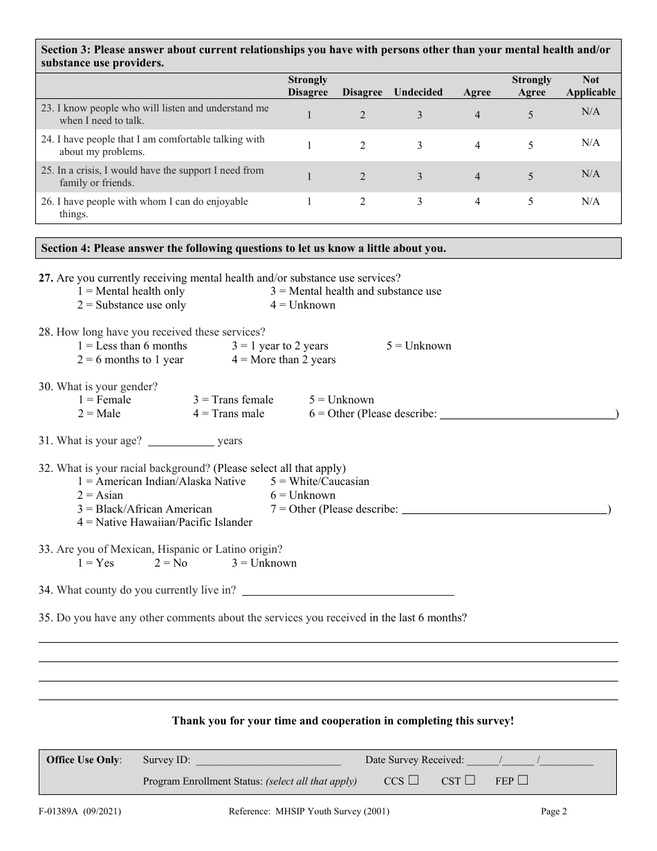 Form F-01389A Mhsip Youth Satisfaction Survey - Wisconsin, Page 2