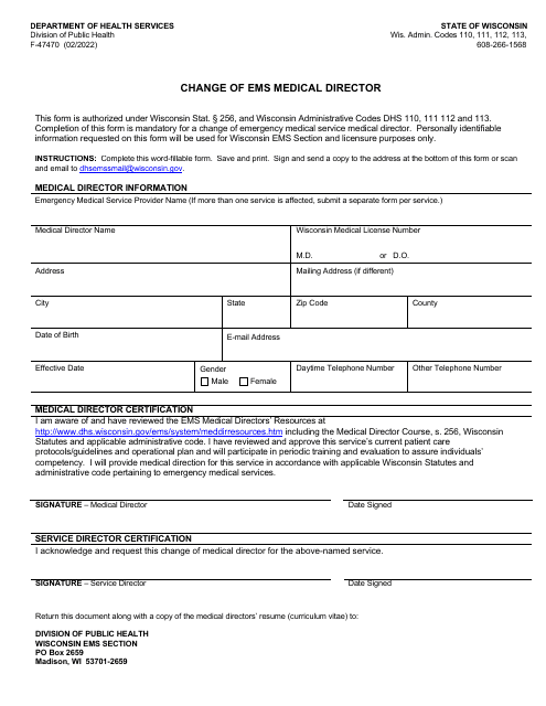 Document preview: Form F-47470 Change of EMS Medical Director - Wisconsin
