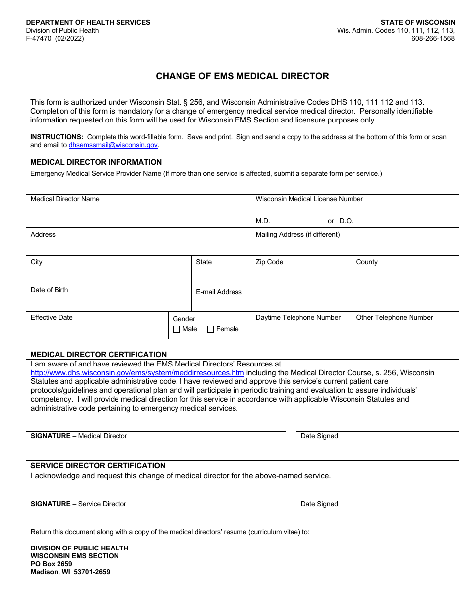 Form F-47470 Change of EMS Medical Director - Wisconsin, Page 1