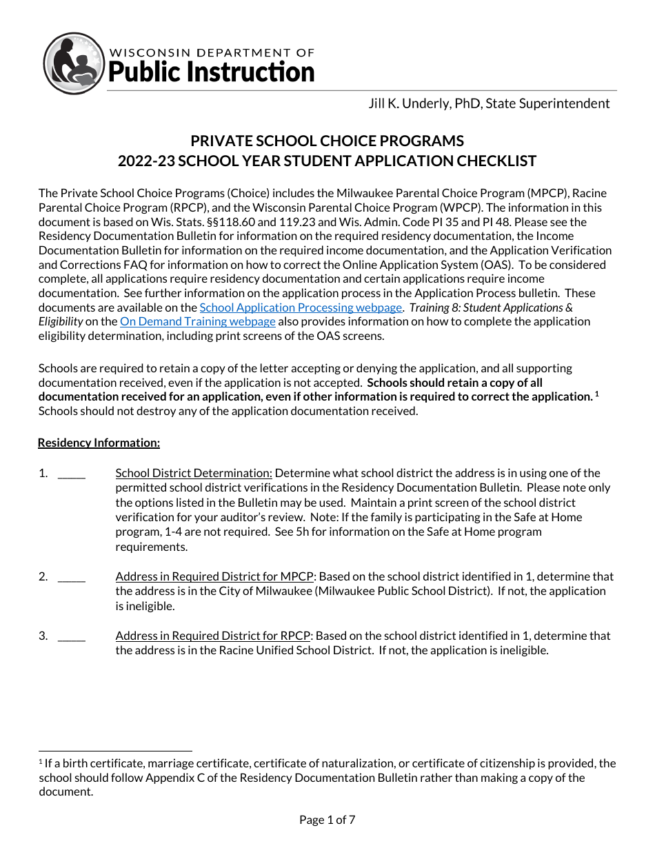 School Year Student Application Checklist - Private School Choice Programs - Wisconsin, Page 1