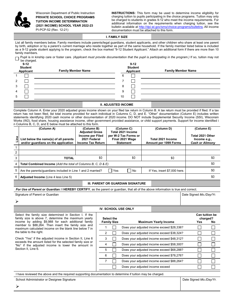 Form PI-PCP-52 Tuition Income Determination - Private School Choice Programs - Wisconsin, Page 1