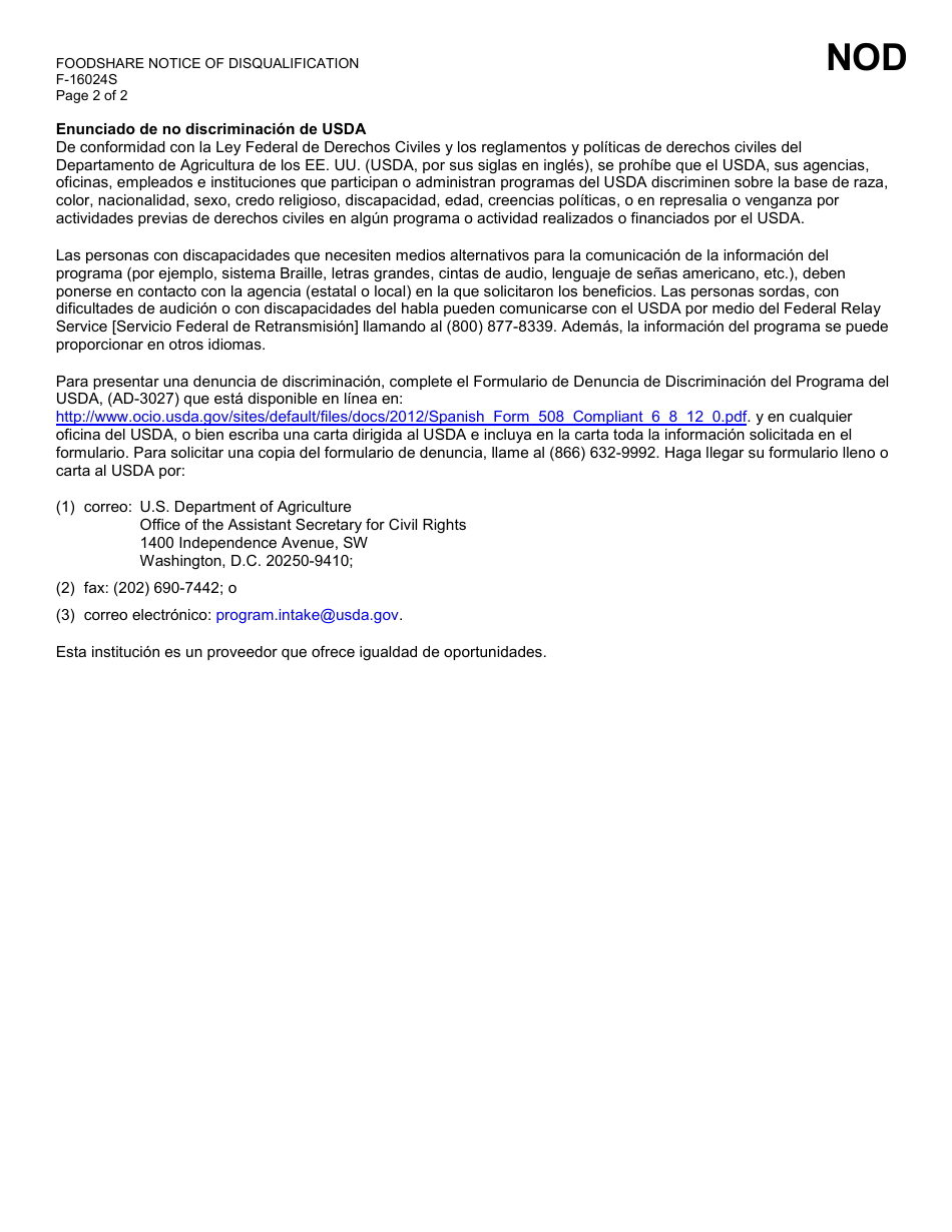 Formulario F-16024 Aviso De Descalificacion De Foodshare - Wisconsin (Spanish), Page 2