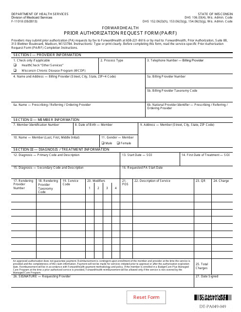 Form F-11018 Prior Authorization Request Form (Pa/Rf) - Wisconsin