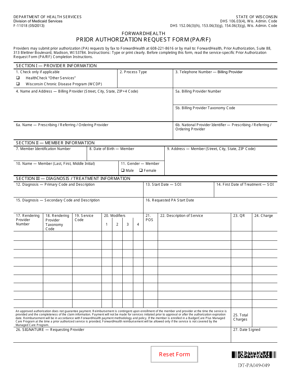 Form F-11018 Prior Authorization Request Form (Pa / Rf) - Wisconsin, Page 1