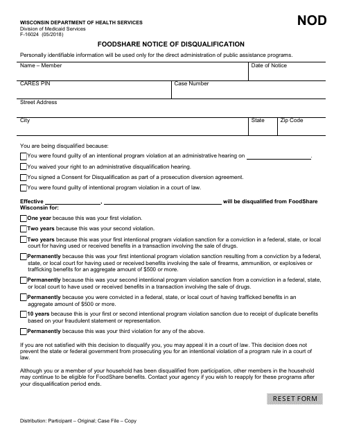 Form F-16024 Foodshare Notice of Disqualification - Wisconsin