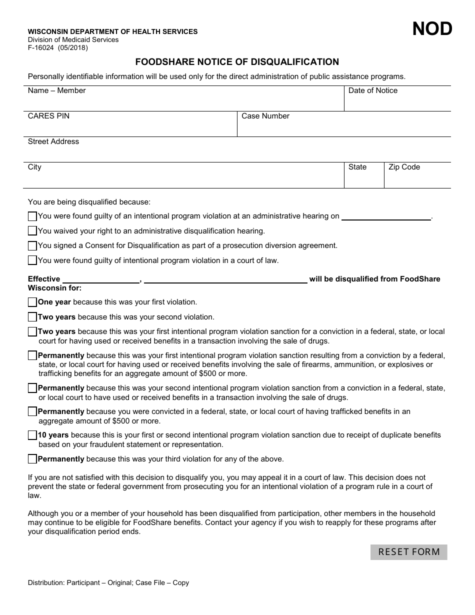 Form F-16024 Foodshare Notice of Disqualification - Wisconsin, Page 1