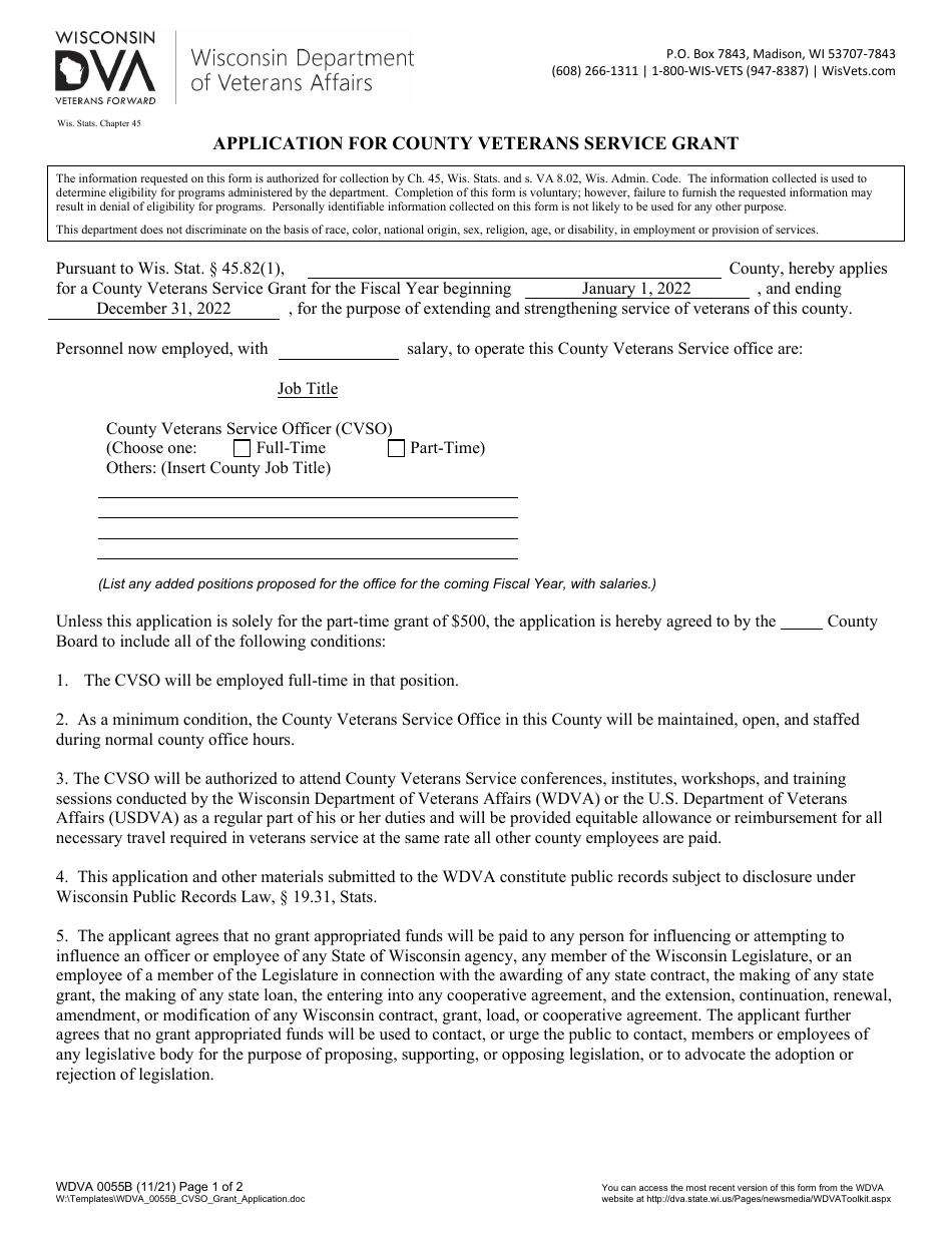Form WDVA0055 Application for County Veterans Service Grant - Wisconsin, Page 1