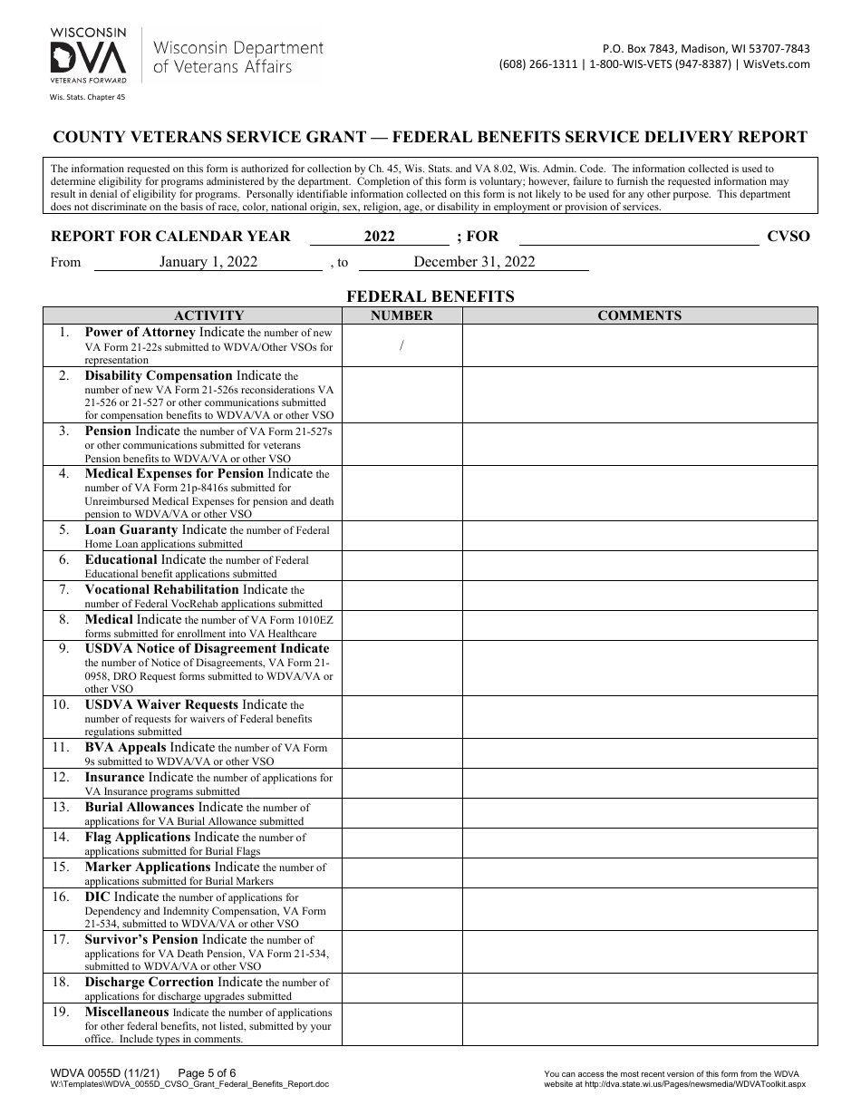 Form WDVA0055 Application for County Veterans Service Grant - Wisconsin, Page 5