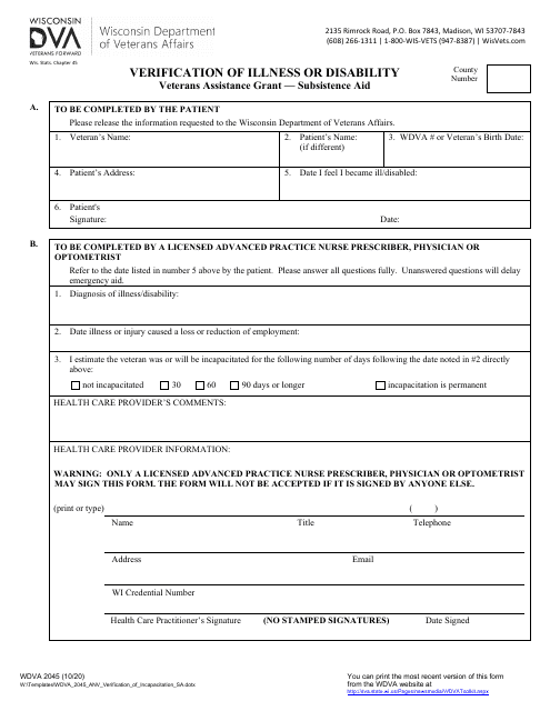 Form WDVA2045 Verification of Illness or Disability - Veterans Assistance Grant - Subsistence Aid - Wisconsin