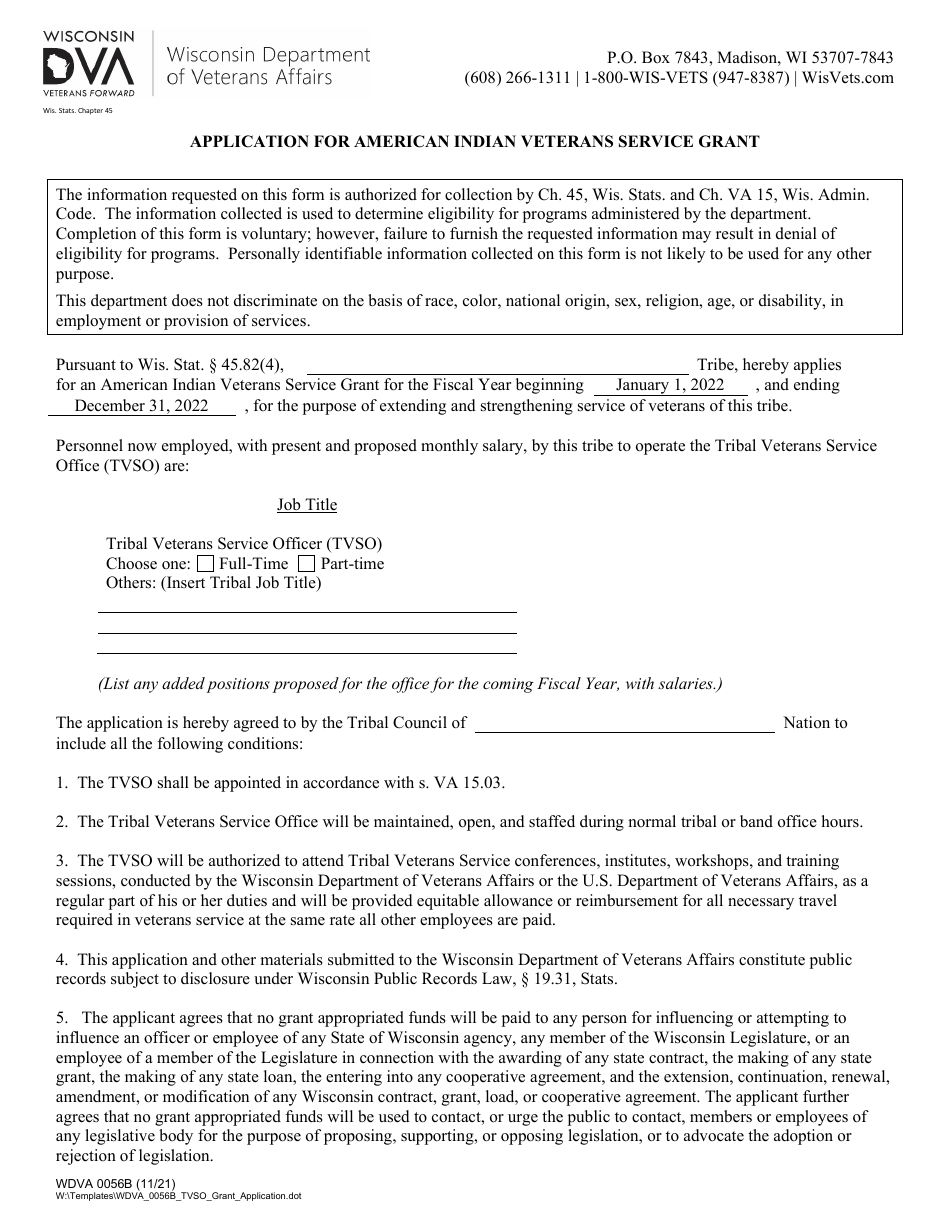 Form WDVA0056 Application for American Indian Veterans Service Grant - Wisconsin, Page 1