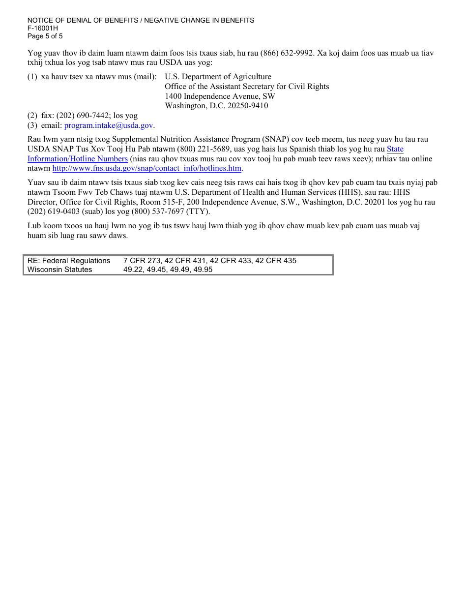 Form F-16001 Notice of Denial of Benefits / Negative Change in Benefits - Wisconsin (Hmong), Page 5