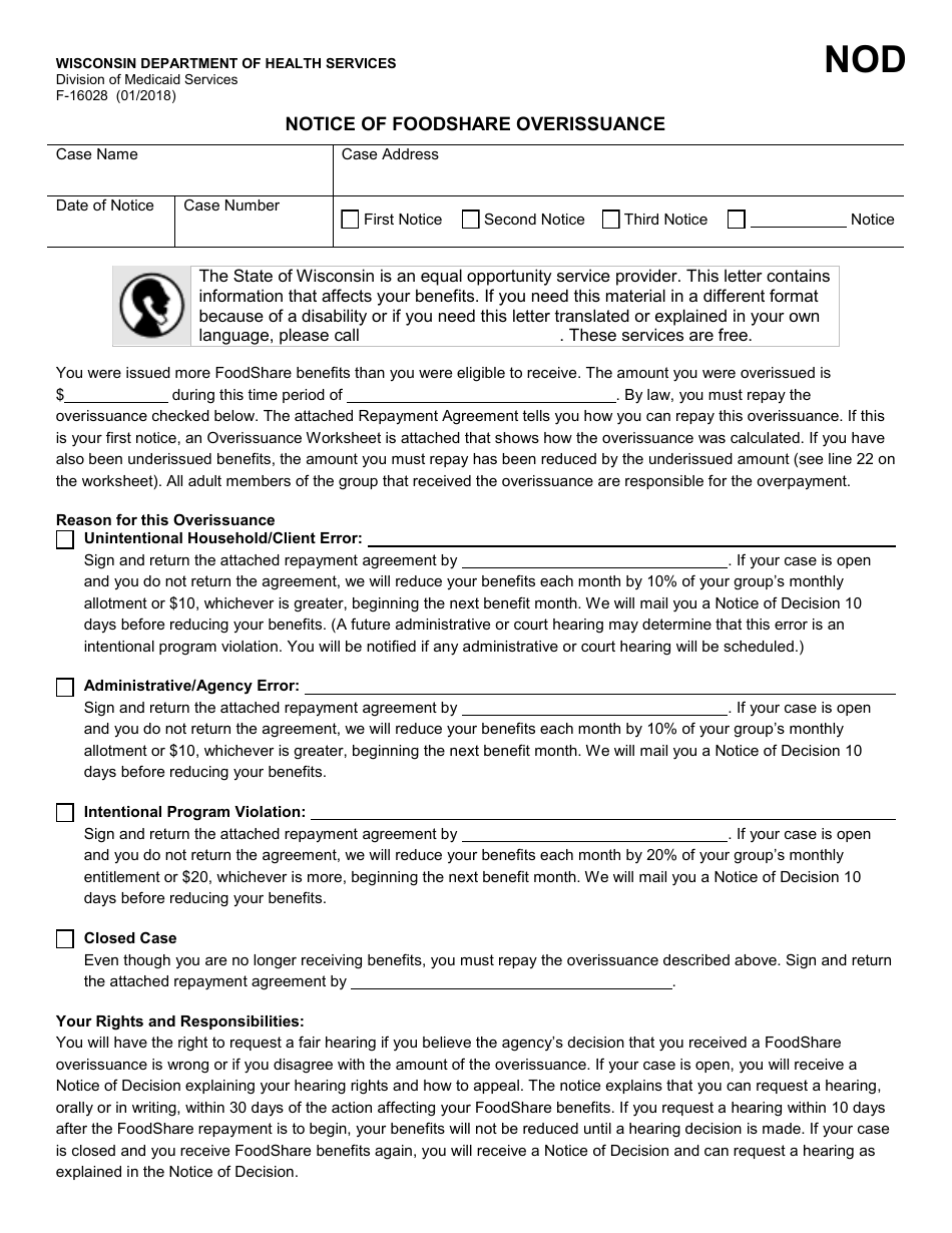 Form F-16028 Notice of Foodshare Overissuance - Wisconsin, Page 1