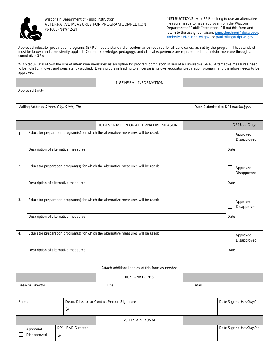 Form PI-1605 Alternative Measures for Program Completion - Wisconsin, Page 1