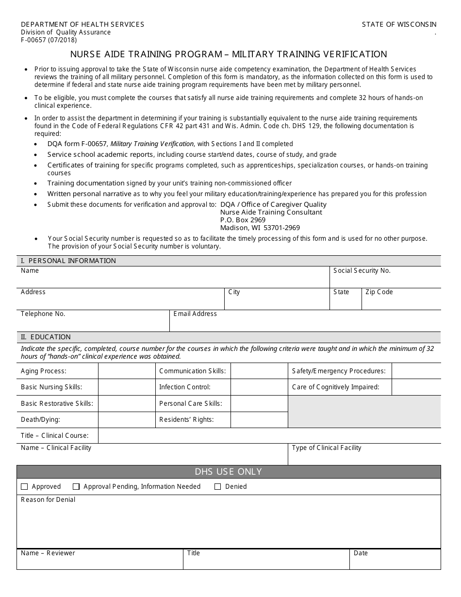 Form F-00657 Military Training Verification - Nurse Aide Training Program - Wisconsin, Page 1