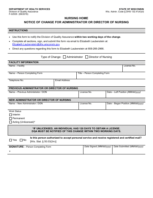 Form F-02535 Nursing Home - Notice of Change for Administrator of Director of Nursing - Wisconsin