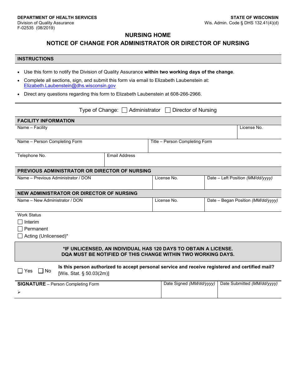 Form F-02535 Nursing Home - Notice of Change for Administrator of Director of Nursing - Wisconsin, Page 1