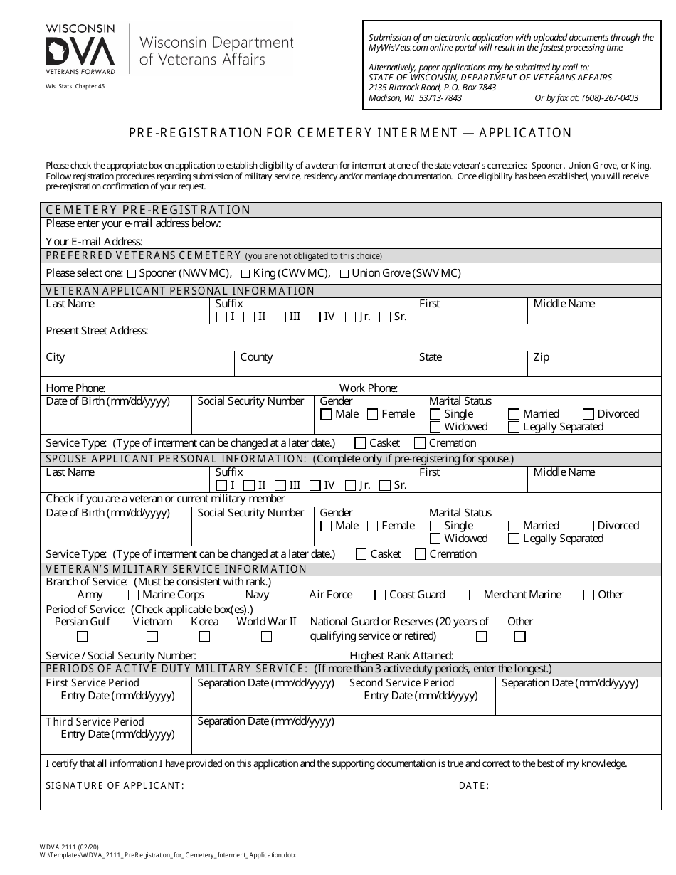 Form WDVA2111 Pre-registration for Cemetery Interment - Application - Wisconsin, Page 1