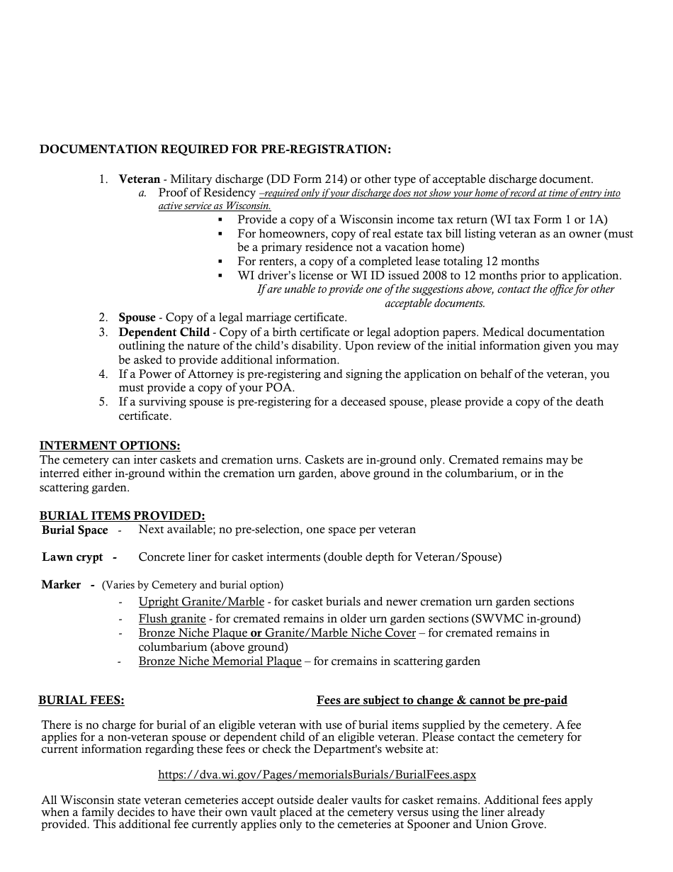 Form WDVA2111 Pre-registration for Cemetery Interment - Application - Wisconsin, Page 3