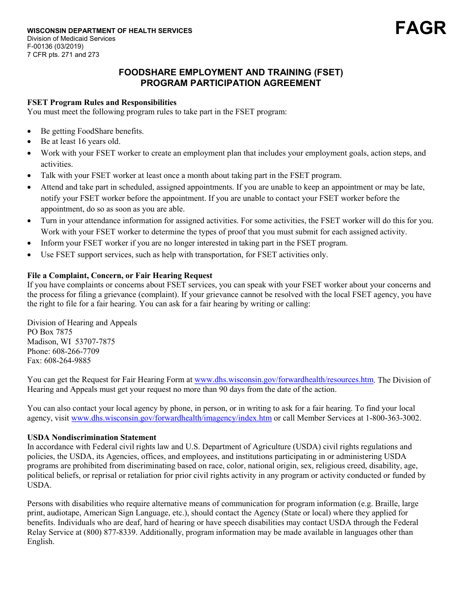 Form F-00136 Foodshare Employment and Training (Fset) Program Participation Agreement - Wisconsin, Page 1