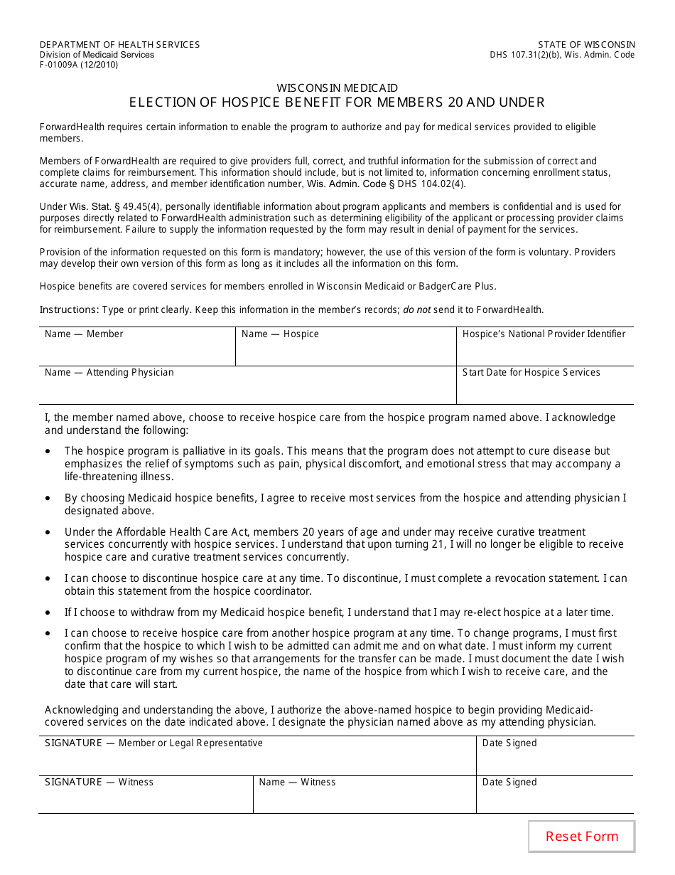 Form F-01009A Wisconsin Medicaid Election of Hospice Benefit for Members 20 and Under - Wisconsin, Page 1