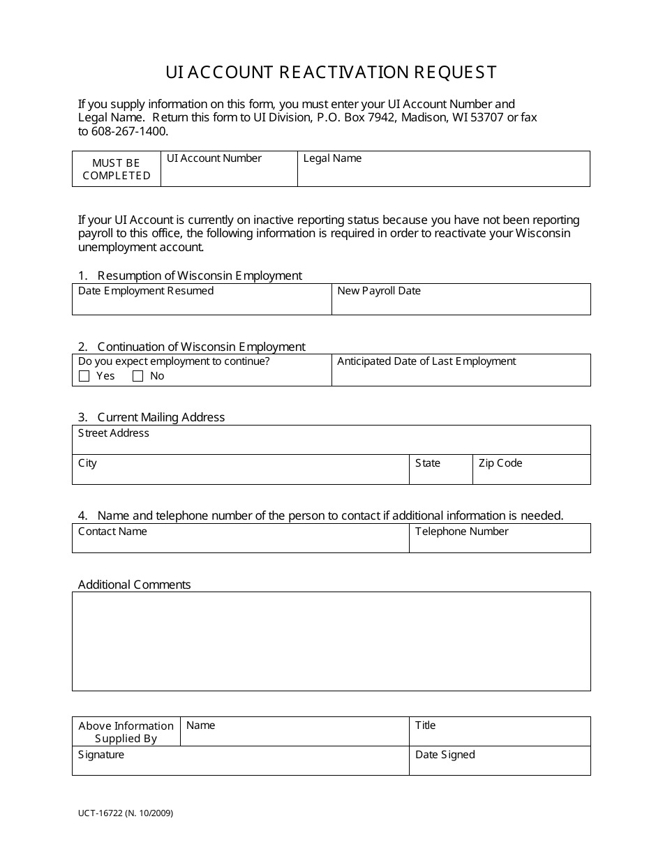 Form UCT-16722 Ui Account Reactivation Request - Wisconsin, Page 1