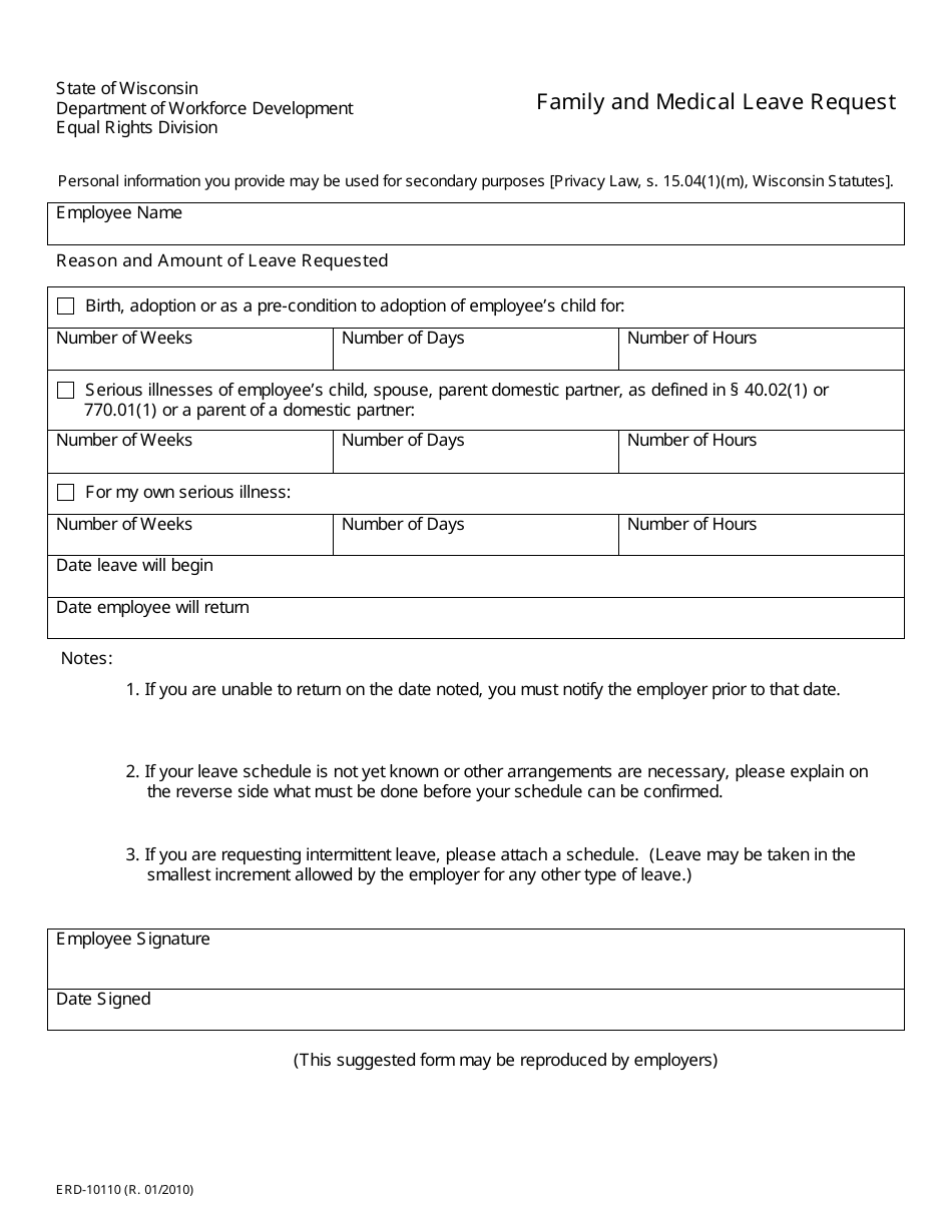 Form ERD-10110 Family and Medical Leave Request - Wisconsin, Page 1