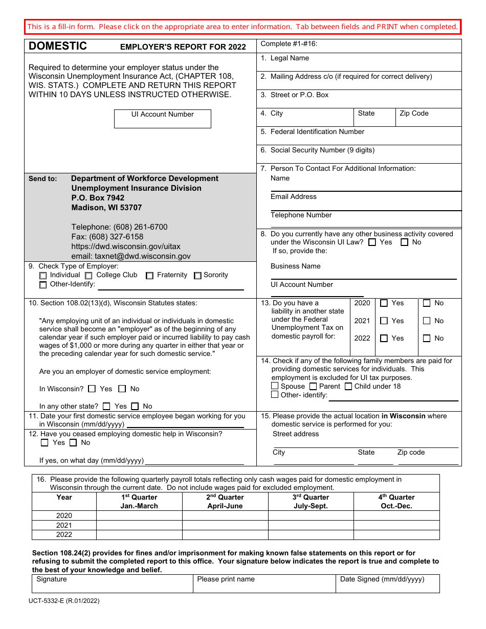Form UCT-5332-E Domestic Employers Report - Wisconsin, Page 1