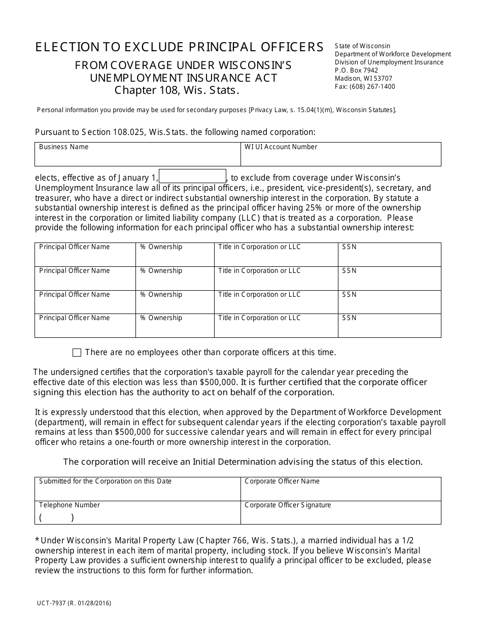 Form UCT-7937 Election to Exclude Principal Officers - Wisconsin, Page 1