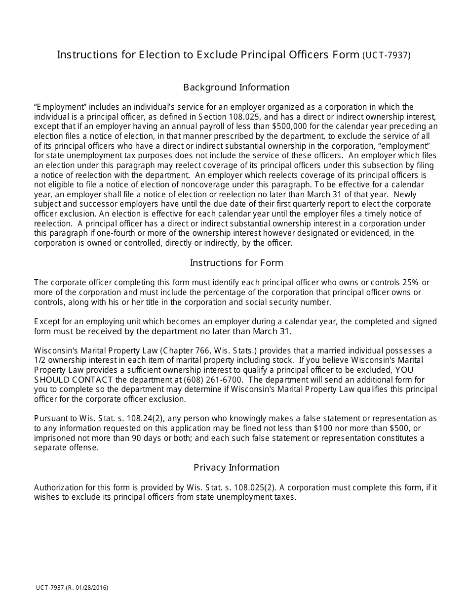 Form UCT-7937 Election to Exclude Principal Officers - Wisconsin, Page 2