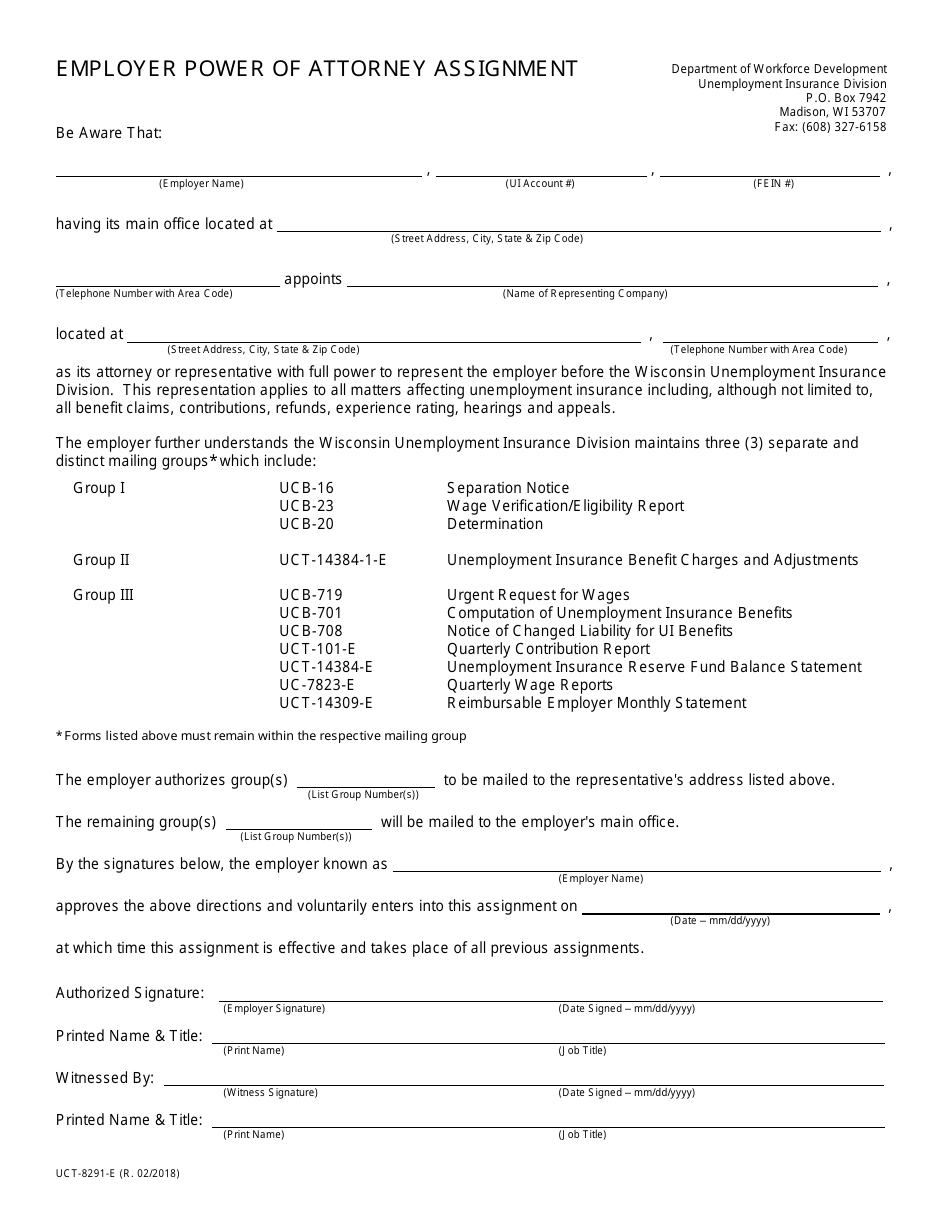 Form UCT-8291-E Employer Power of Attorney Assignment - Wisconsin, Page 1