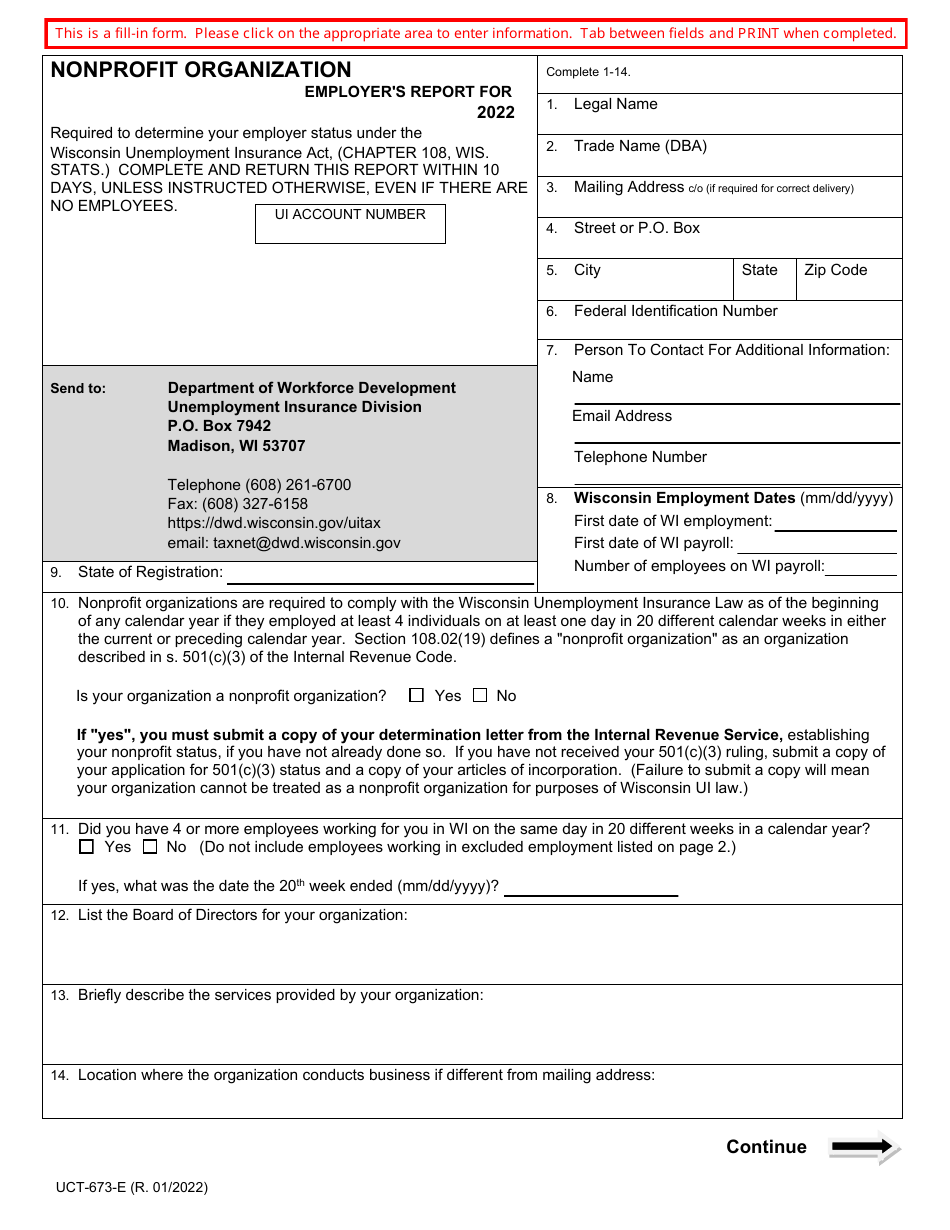Form UCT-673-E Nonprofit Organization Employers Report - Wisconsin, Page 1