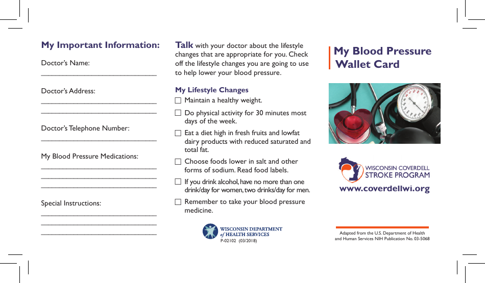 Form P-02102 My Blood Pressure Wallet Card - Wisconsin, Page 1