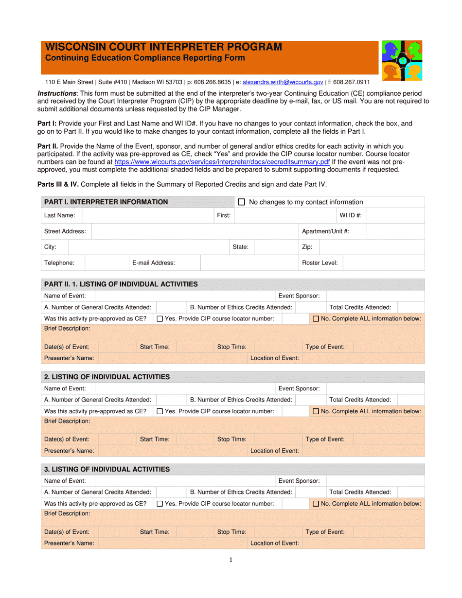 Continuing Education Compliance Reporting Form - Wisconsin Court Interpreter Program - Wisconsin, Page 1