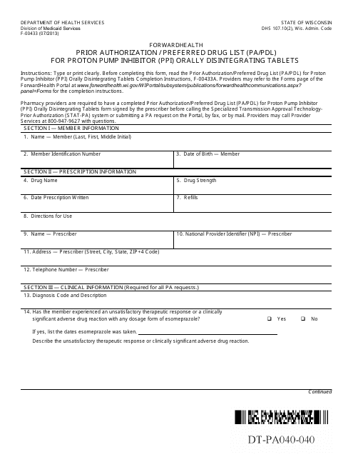 Form F-00433 Prior Authorization/Preferred Drug List (Pa/Pdl) for Proton Pump Inhibitor (Ppi) Orally Disintegrating Tablets - Wisconsin