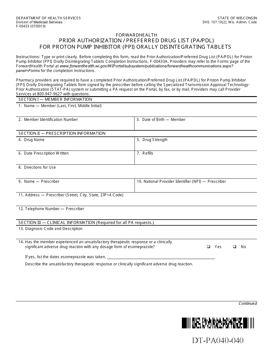 Form F-00433 Prior Authorization / Preferred Drug List (Pa / Pdl) for Proton Pump Inhibitor (Ppi) Orally Disintegrating Tablets - Wisconsin, Page 1