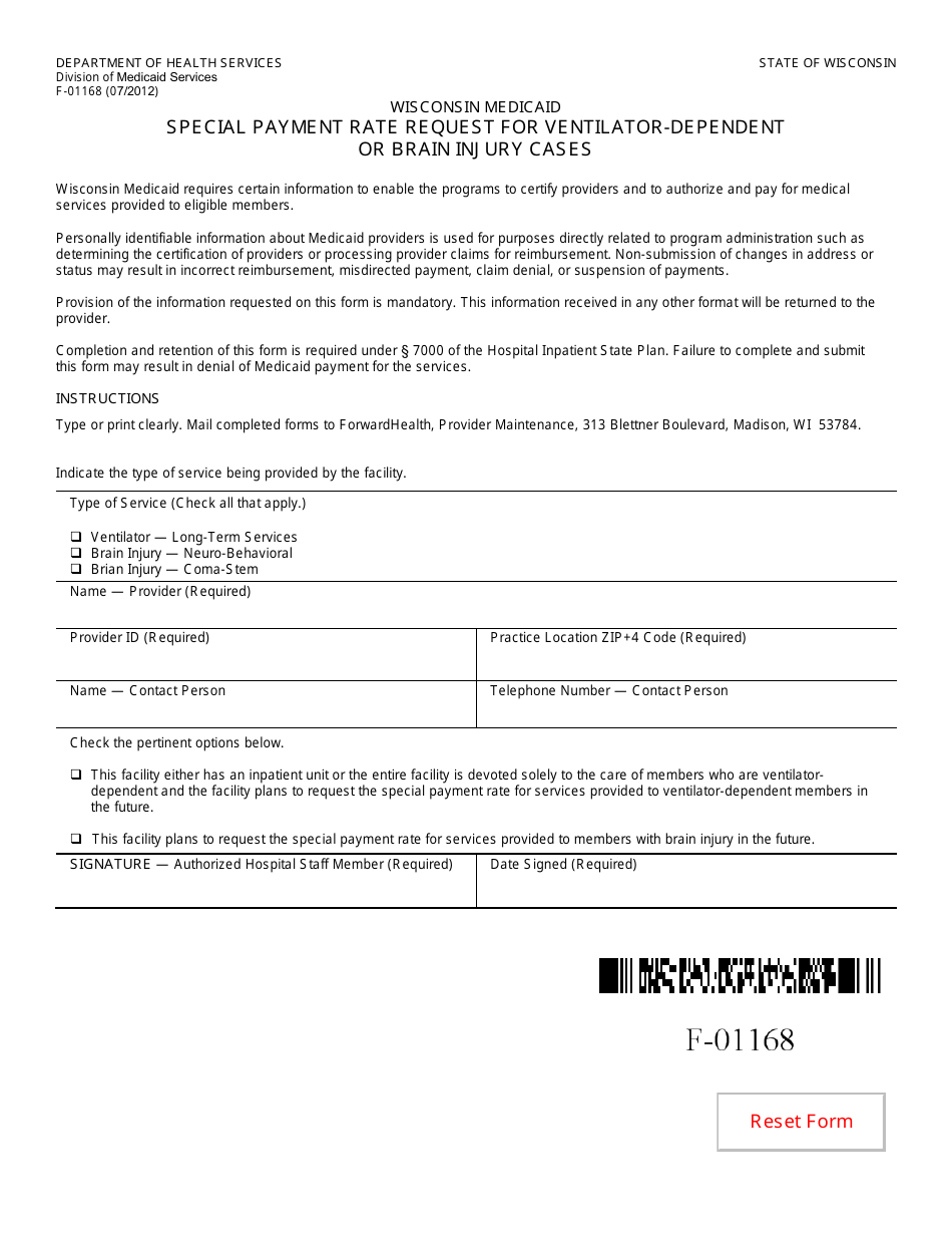 Form F-01168 Special Payment Rate Request for Ventilator-Dependent or Brain Injury Cases - Wisconsin, Page 1