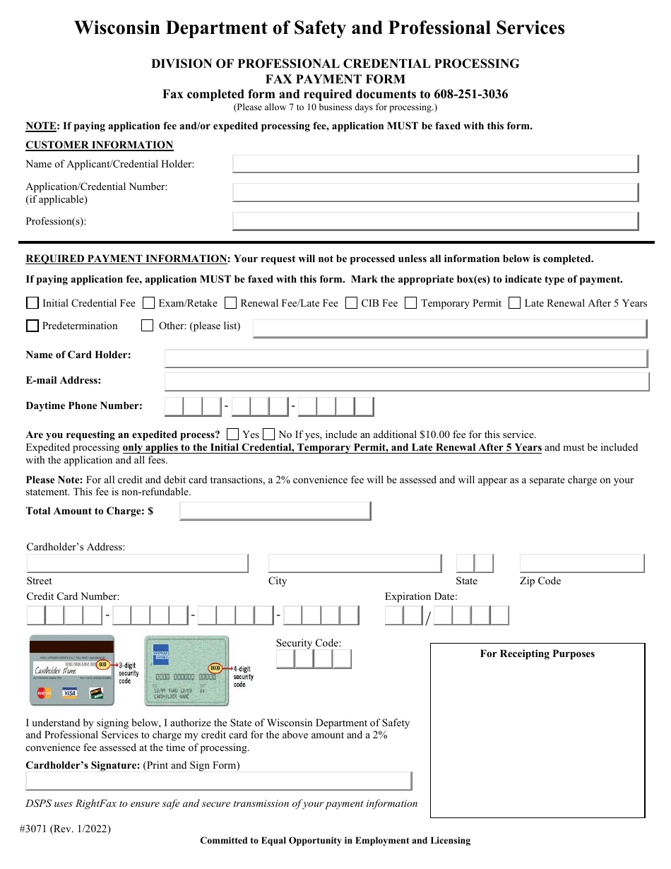 Form 3071 Fax Payment Form - Wisconsin, Page 1