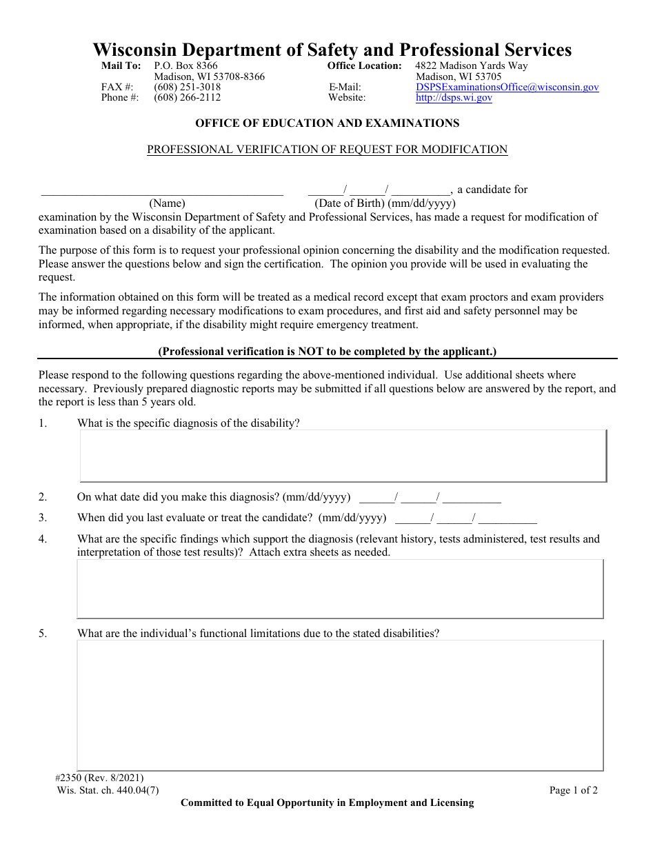 Form 2350 Professional Verification of Request for Modification - Wisconsin, Page 1
