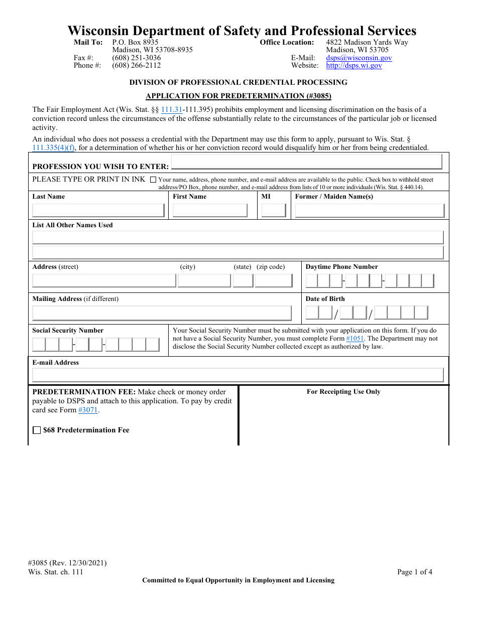 Form 3085 Wisconsin Department of Safety and Professional Services - Wisconsin, Page 3
