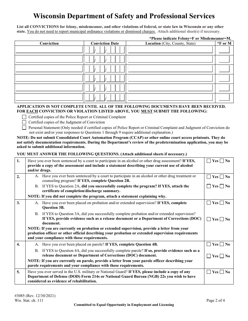 Form 3085 - Fill Out, Sign Online and Download Fillable PDF, Wisconsin ...