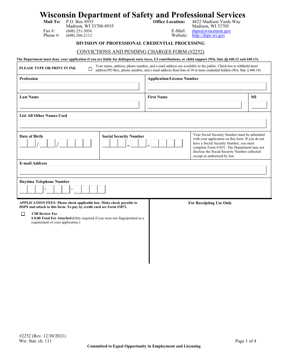 Form 2252 Convictions and Pending Charges Form - Wisconsin, Page 3