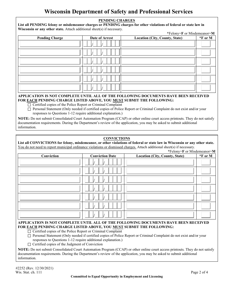 Form 2252 Convictions and Pending Charges Form - Wisconsin, Page 4