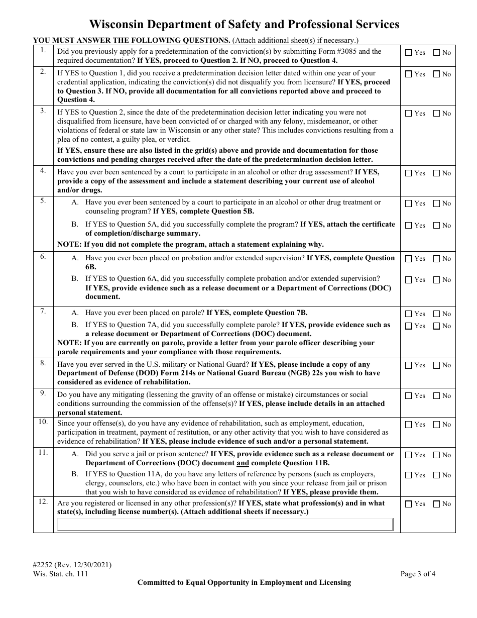 Form 2252 Convictions and Pending Charges Form - Wisconsin, Page 5