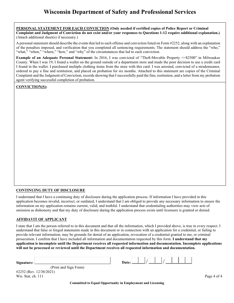 Form 2252 Convictions and Pending Charges Form - Wisconsin, Page 6