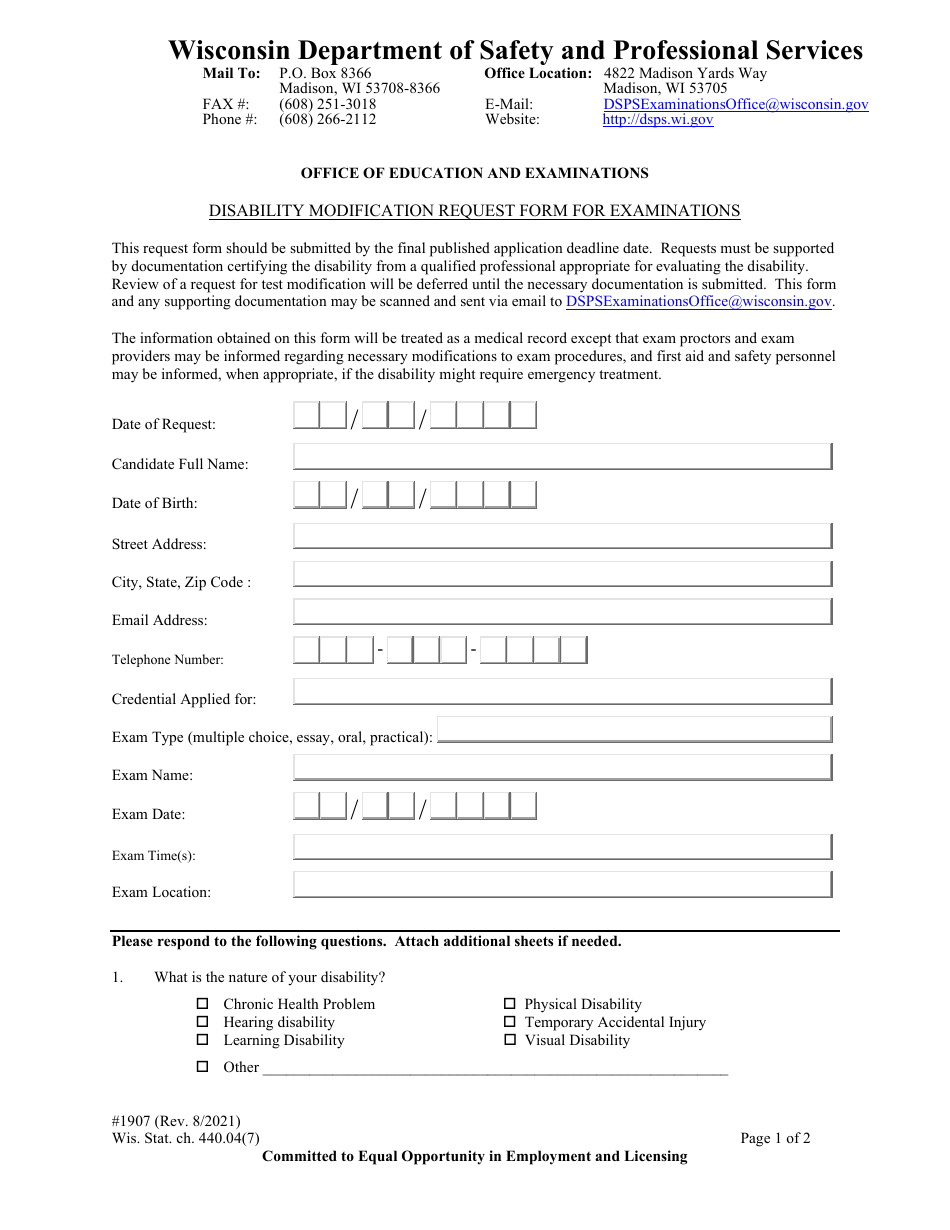 Form 1907 Disability Modification Request Form for Examinations - Wisconsin, Page 1
