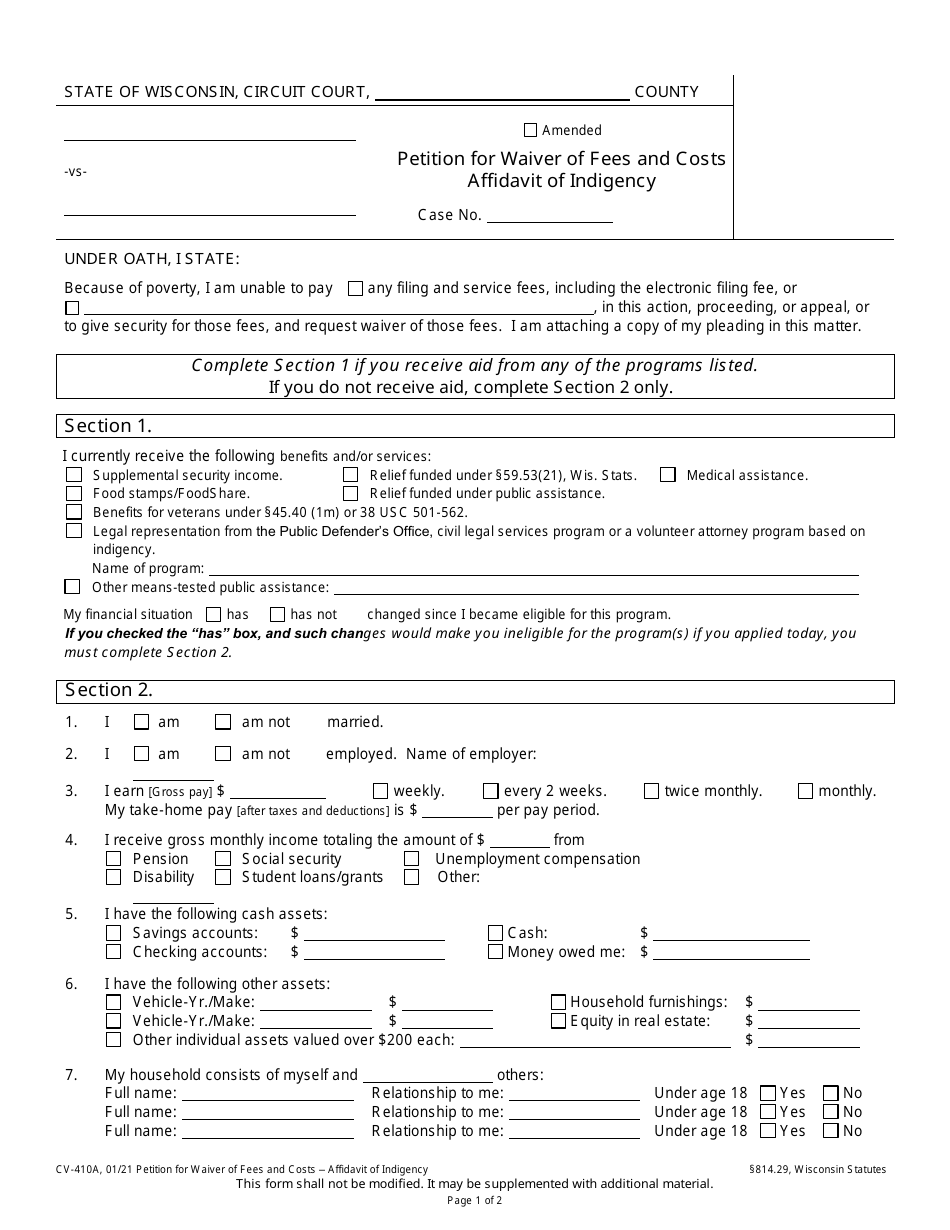 Form CV-410A Petition for Waiver of Fees and Costs Affidavit of Indigency - Wisconsin, Page 1