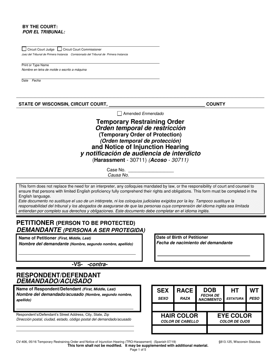 Form CV406 Download Printable PDF or Fill Online Temporary Restraining