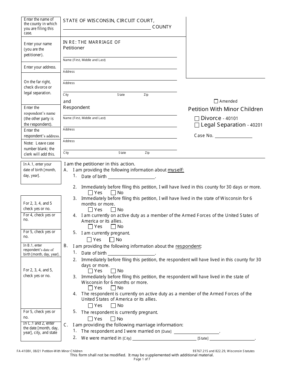 Form FA-4108V Petition With Minor Children - Wisconsin, Page 1