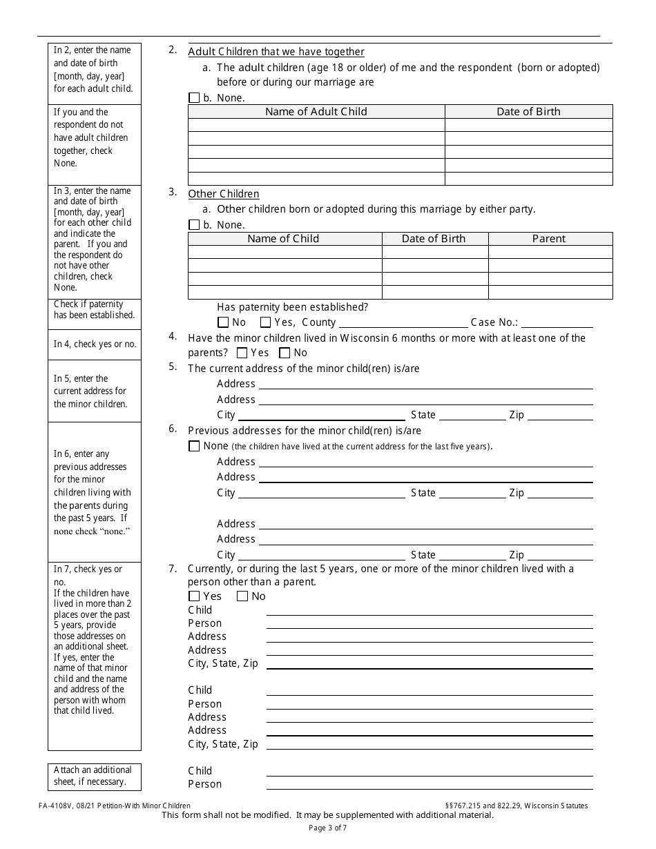 Form FA-4108V Petition With Minor Children - Wisconsin, Page 3