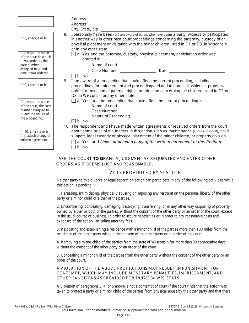 Form FA-4108V Petition With Minor Children - Wisconsin, Page 4